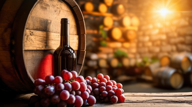 Deux bouteilles de vin à côté du baril dans la cave