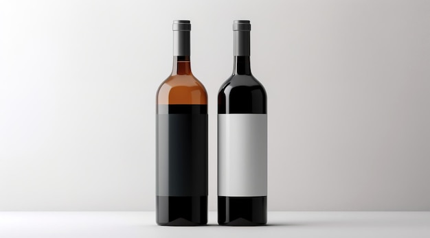 Deux bouteilles de vin avec une étiquette MAQUETTE vide Deux bouteilles de vin réalistes en vue de dessus avec des étiquettes