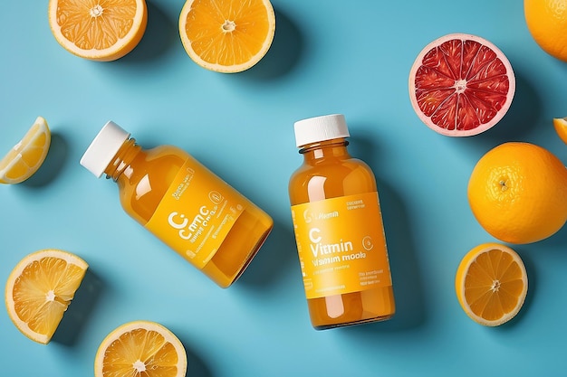 Deux bouteilles de vitamine C sur un fond jaune additifs alimentaires éparpillés sur la surface mock-up