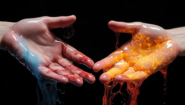 Deux bouts de doigts se touchant en plasma liquide vibrant