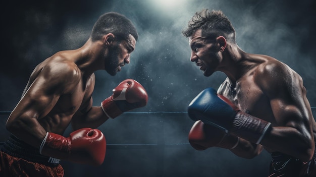 Deux boxeurs professionnels se battant dans un environnement sombre de ring de boxe