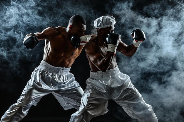 Photo deux boxeurs professionnels se battent sur le black smoky