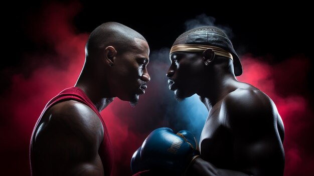 Photo deux boxeurs professionnels se battent sur un fond en poudre de couleur