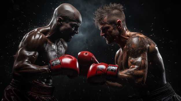Deux boxeurs se battant sur le ring, des éclaboussures de sueur en arrière-plan, une IA générative.