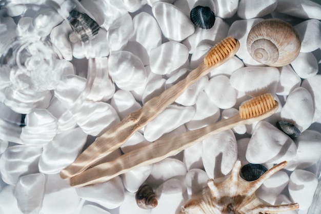 Deux brosses à dents en bambou écologique avec poils naturels dans de l'eau douce transparente avec des vagues sur le fond des pierres et des coquillages