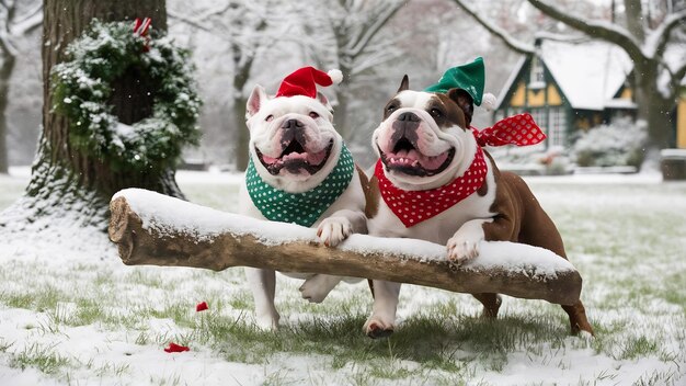 Photo deux bulldogs américains jouent avec un bâton dans le parc d'hiver.