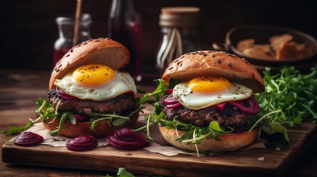 Deux burgers de bœuf maison aux champignons micro-légumes œufs frits à l'oignon rouge Generative AI