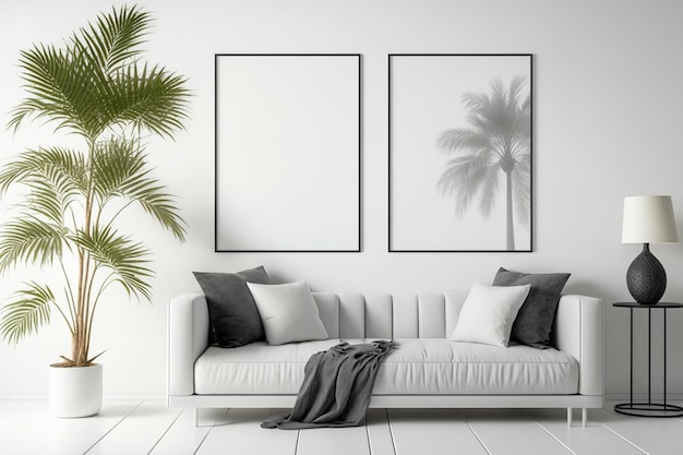 Deux cadres d'affiches en bois verticaux vierges simulés dans un intérieur de salon minimaliste moderne avec un canapé gris et un palmier salon fond intérieur de style scandinave