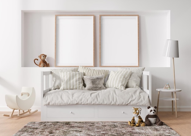 Deux cadres photo verticaux vides sur un mur blanc dans une chambre d'enfant moderne Maquette d'intérieur dans un style scandinave Espace de copie gratuit pour votre photo Jouets de lit Chambre confortable pour les enfants Rendu 3D