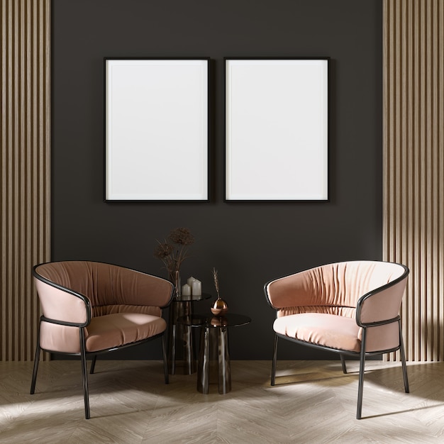 Les deux cadres vides sur le mur sombre, le fauteuil de composition intérieure minimalisme, la table et la décoration végétale, rendu 3d, illustration 3d.