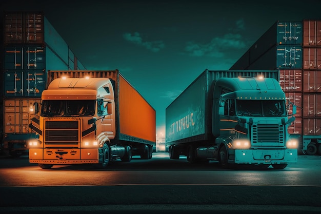 Deux camions côte à côte, l'un avec le mot scania sur le côté.