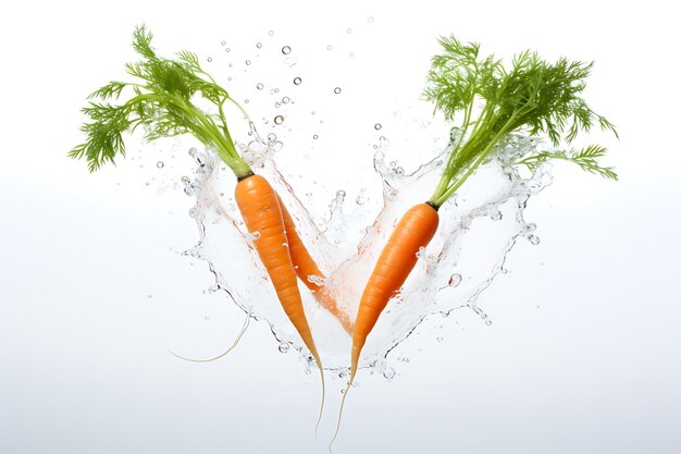 Deux carottes éclaboussées dans l'eau sur un fond blanc