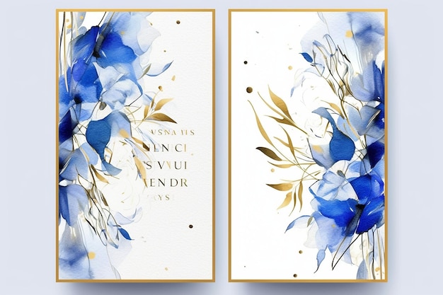 deux cartes de vœux avec fleurs bleues et feuilles d'or.