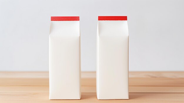 deux cartons de lait assis sur une table en bois