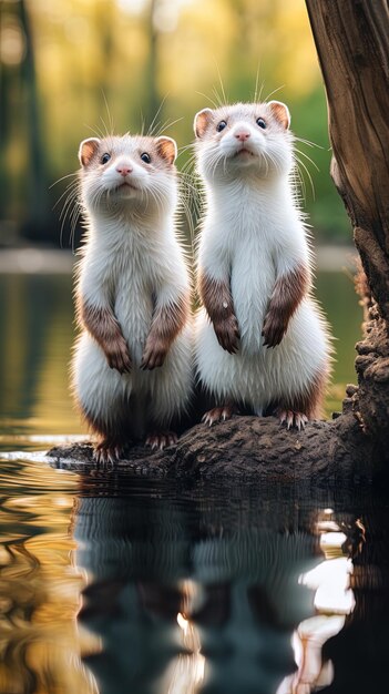 Photo deux castors sont assis sur un tronc d'arbre