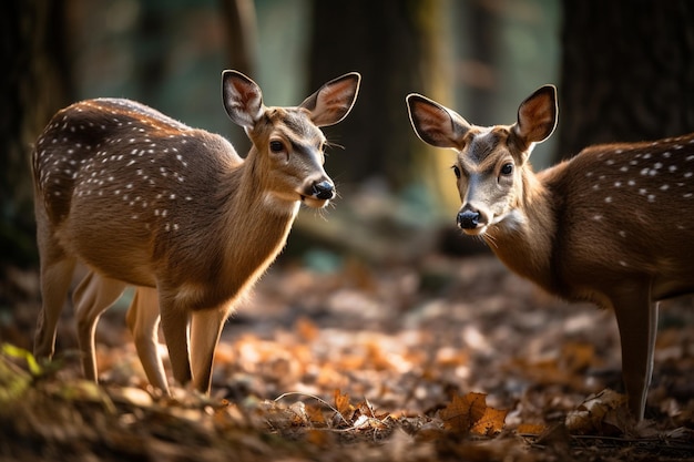 Photo deux cerfs dans les bois avec des feuilles au sol