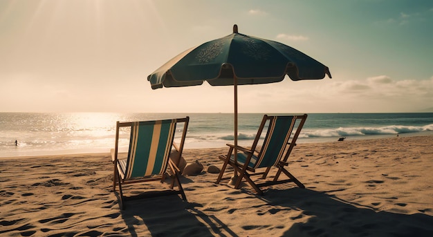 Deux chaises allongées sur la plage sous un parapluie.