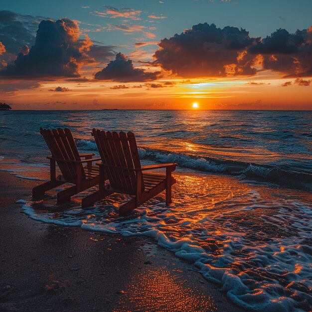 Photo deux chaises assises sur une plage et le soleil se couche