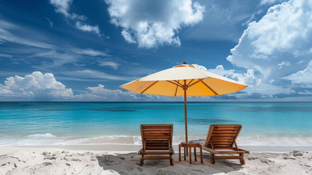 Photo deux chaises longues en plein air et un parapluie sont assis sur une plage de sable sous un ciel azur avec des nuages moelleux
