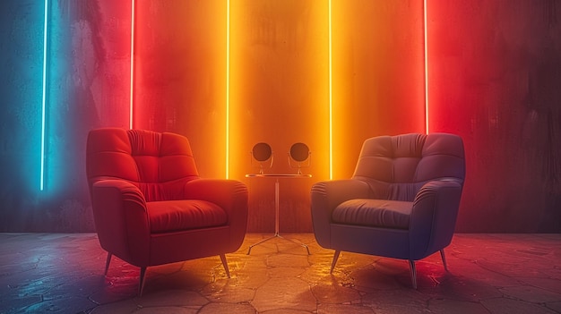 Deux chaises lumineuses l'une en face de l'autre Un dialogue entre deux adversaires Le concept Un fauteuil bleu et rose contre un mur rouge