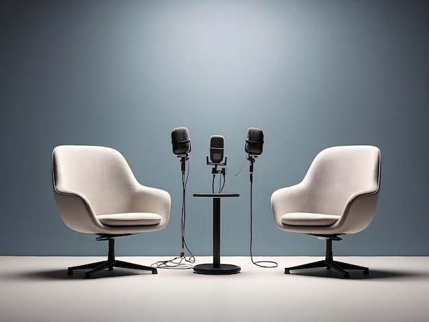 Deux chaises et des microphones dans la salle de podcast ou d'interview sur un fond sombre