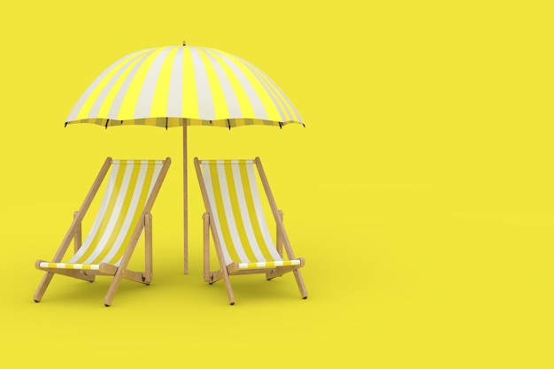 Deux chaises de piscine Beach Relax sous parasol sur fond jaune. Rendu 3D