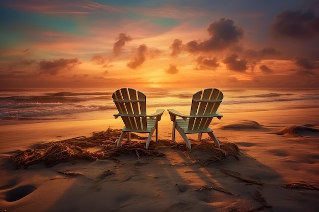 Deux chaises sur une plage avec un coucher de soleil en arrière-plan