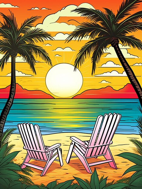 deux chaises sur la plage avec des palmiers et le coucher du soleil génératif ai