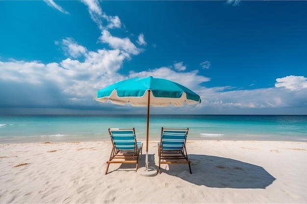 Deux chaises sur une plage avec un parapluie bleu sur le sable