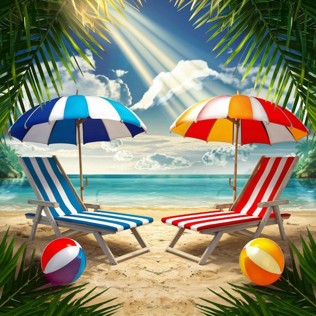 deux chaises de plage avec des parapluies de plage sur la plage