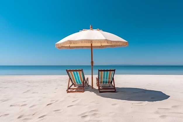 Deux chaises de plage et un parasol par une journée ensoleillée.