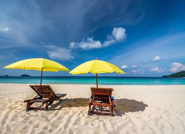 Deux chaises de plage avec parasols jaunes sur une plage tropicale