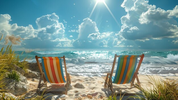 Photo deux chaises de plage sur la plage avec le soleil brillant à travers les nuages