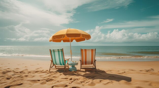 deux chaises sur la plage sous un parapluie