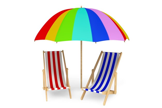 Deux chaises de plage sous parasol sur fond blanc