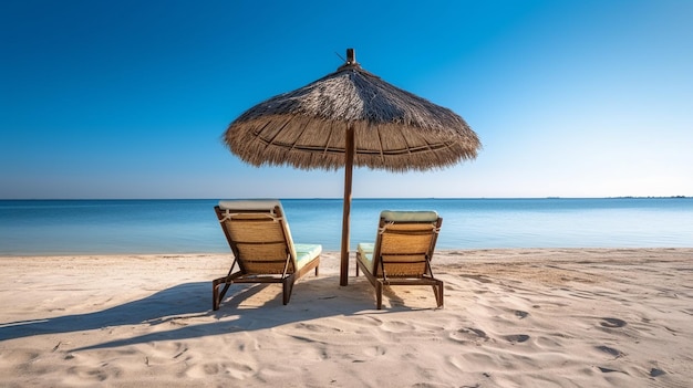 Deux chaises de plage sous un parasol sur une plage