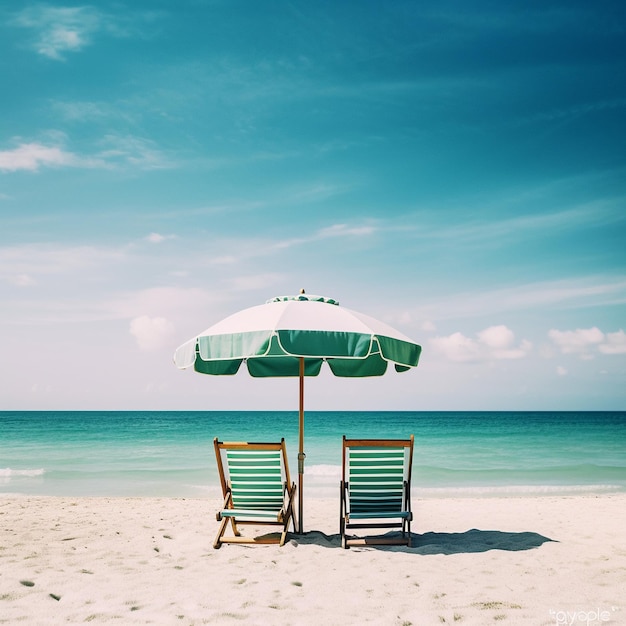 Deux chaises sous un parasol sur une plage.