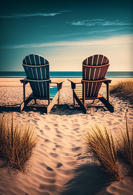 Deux chaises avec et une table sur le sable ai génératif