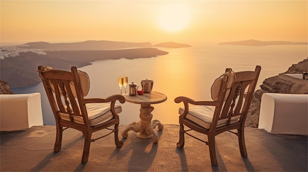 Deux chaises sur la terrasse avec vue sur la mer au coucher du soleil Grèce