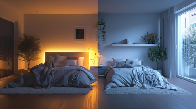 Deux chambres différentes avec un lit dans chacune.