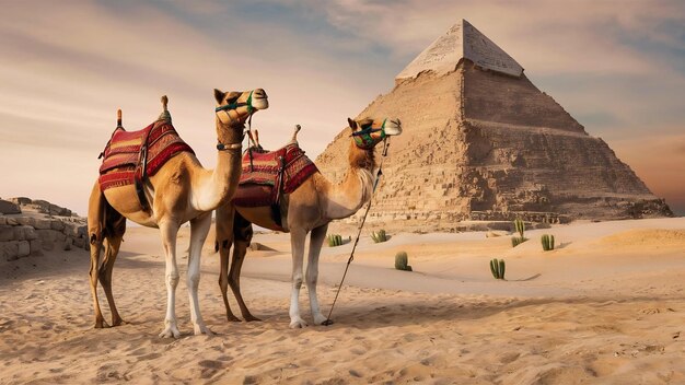 Photo deux chameaux près de la pyramide de chephren en égypte