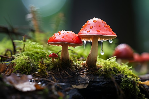 deux champignons rouges sont posés sur une bûche recouverte de mousse