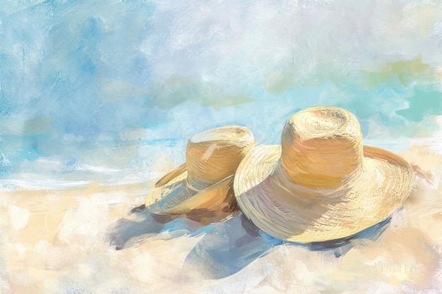 Deux chapeaux sur une plage de sable sur fond de ciel bleu et d'océan illustration de concept de vacances d'été