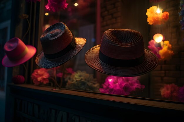 Deux chapeaux sont accrochés à une vitrine.