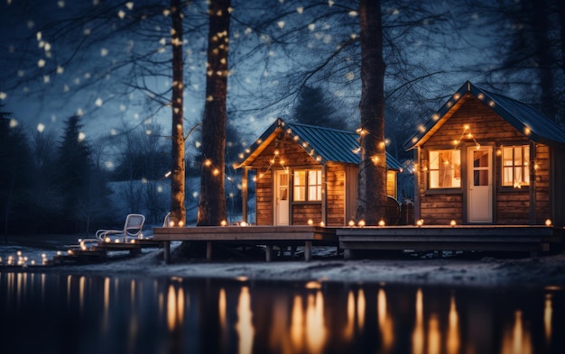 Photo deux charmantes cabanes reposent paisiblement au sommet du lac étincelant reflétant les environs tranquilles.