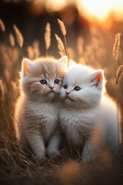 Deux chatons blancs assis côte à côte dans un champ ai génératif