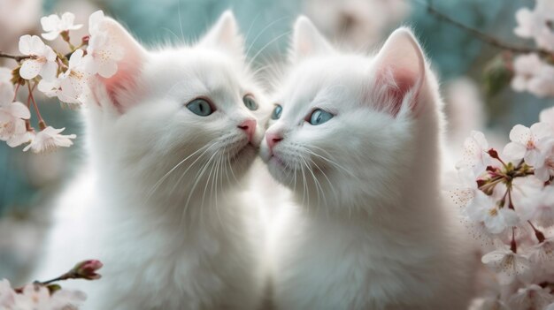 Deux chatons blancs avec des fleurs de fleurs de cerisier sur fond brun ai générative