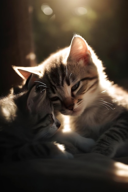 Deux chatons câlins sur un lit au soleil