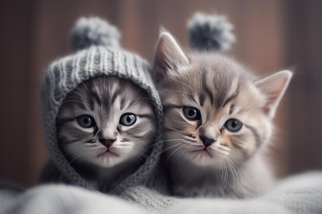 Deux chatons dans un chapeau tricoté