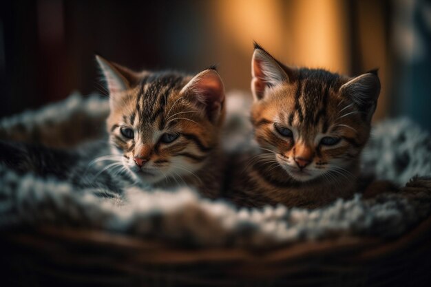 Deux chatons dans un panier, dont l'un regarde vers le bas.